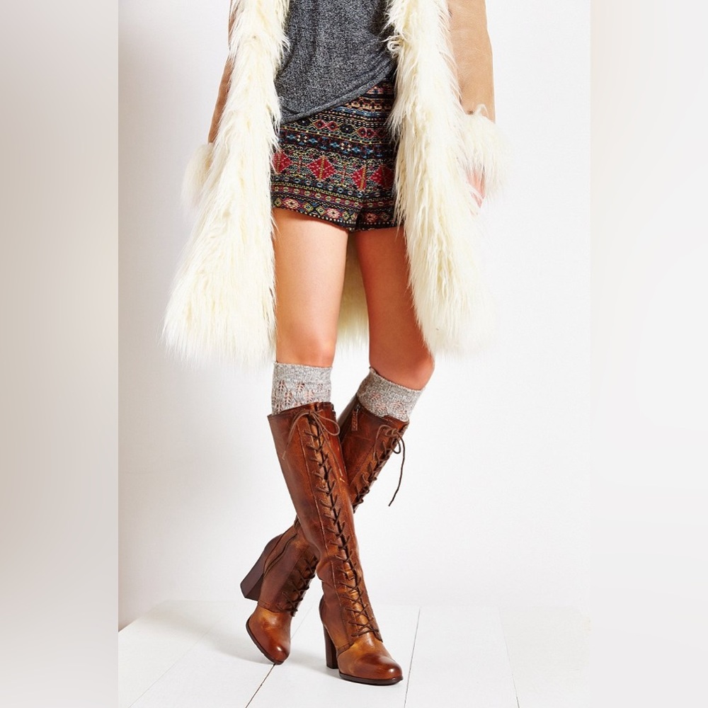 $699 Frye Parker Lace-Up Victorian Brown Leather Tall Boho Heeled Knee High Boot - Picture 16 of 16